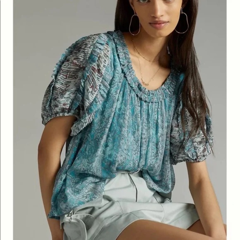 Anthropologie Let Me Be Pintucked Chiffon Paisley Boho Blouse Size S